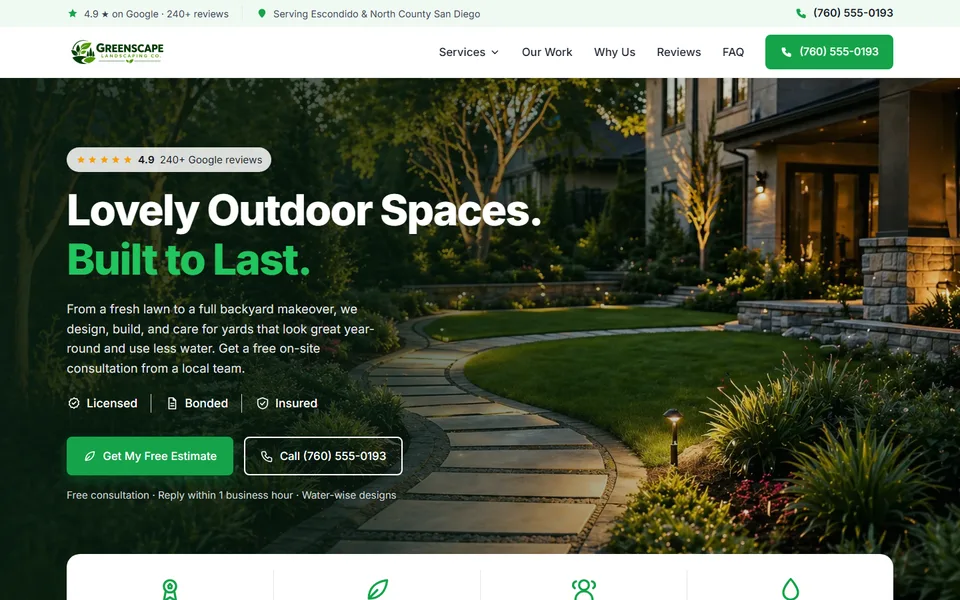 Página principal del sitio de muestra de Greenscape Landscaping Co.